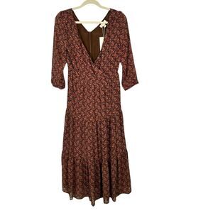 See U Soon Brown Soft Orange Purple Green Design 3/4 Sleeve Dress Small